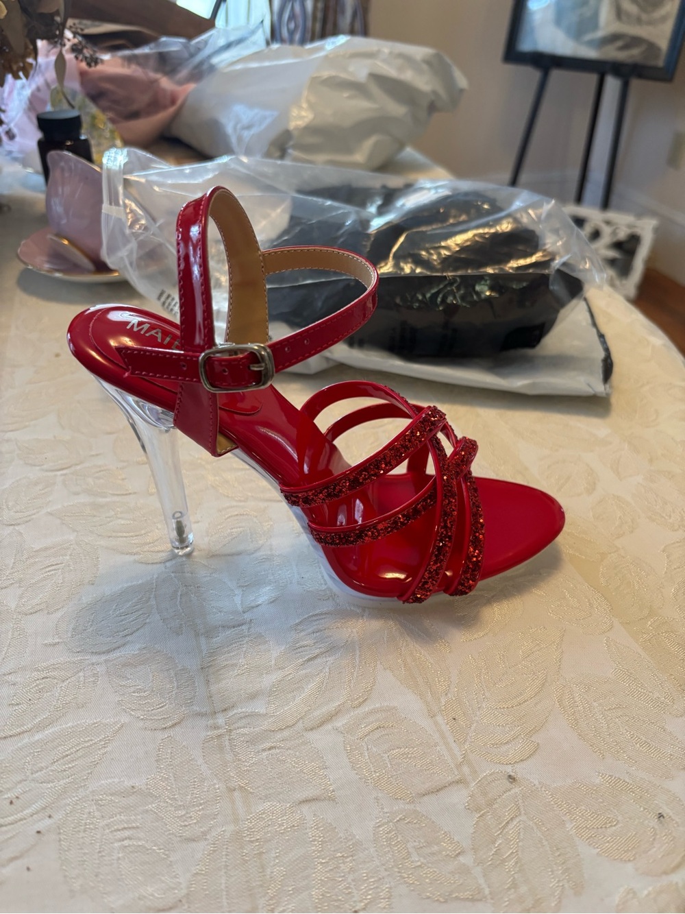 Red Strappy Clear Heel Sandals - Women's Dress Shoes